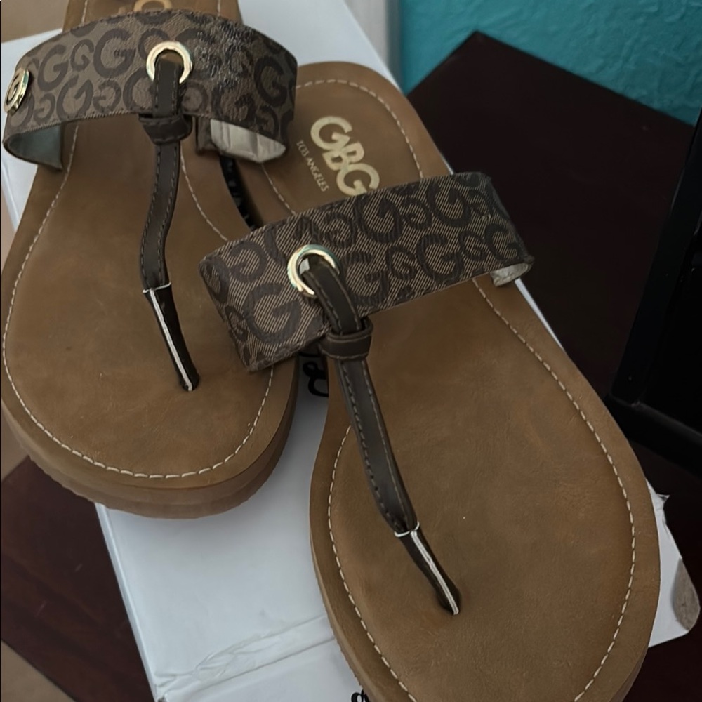 GBG Los Angeles Brown Sandals with Gold Logo